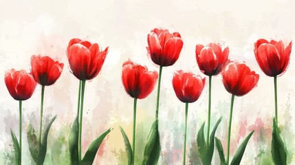 Obraz premium Red tulips watercolor painting, garden background, spring decor