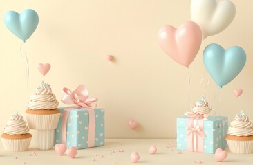 Pastel cupcakes, gifts, and heart balloons on beige background.