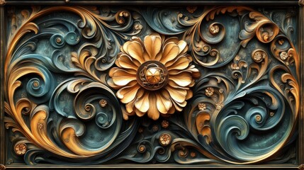 Ornate floral design with swirling patterns in gold and teal hues.