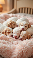 Sleeping puppies cuddled on a soft blanket