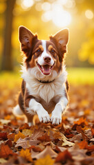 Happy dog jumping in autumn leaves