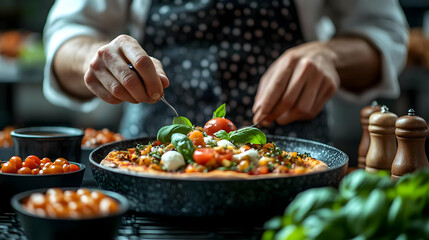 Close-up of a Chef Preparing a Delicious Pizza with Fresh Tomatoes and Basil