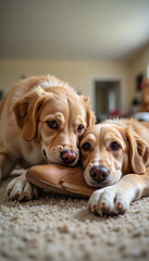Two golden retrievers cuddling on a cozy rug