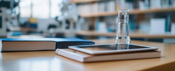 Obraz premium Tablet, books, and beaker on a table in a blurred library background.