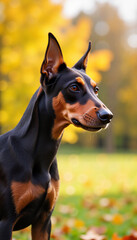 Doberman dog posing in autumn park