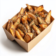 Seasoned potato wedges in a brown paper box, isolated on white background.