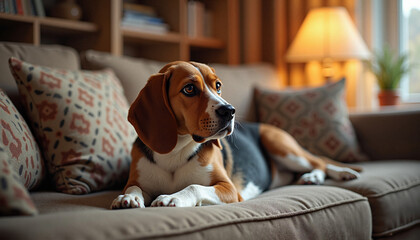Beagle dog relaxing on couch in cozy living room