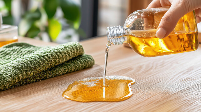 hand pouring natural oil onto wooden surface for cleaning demonstration