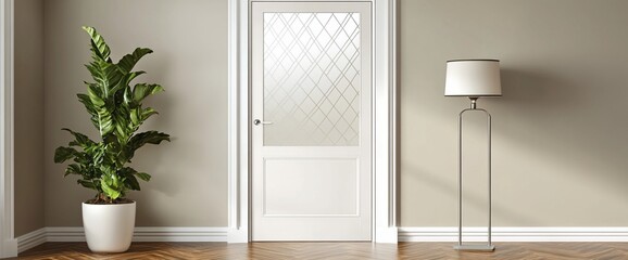 Interior design White door, plant, floor lamp in a room.