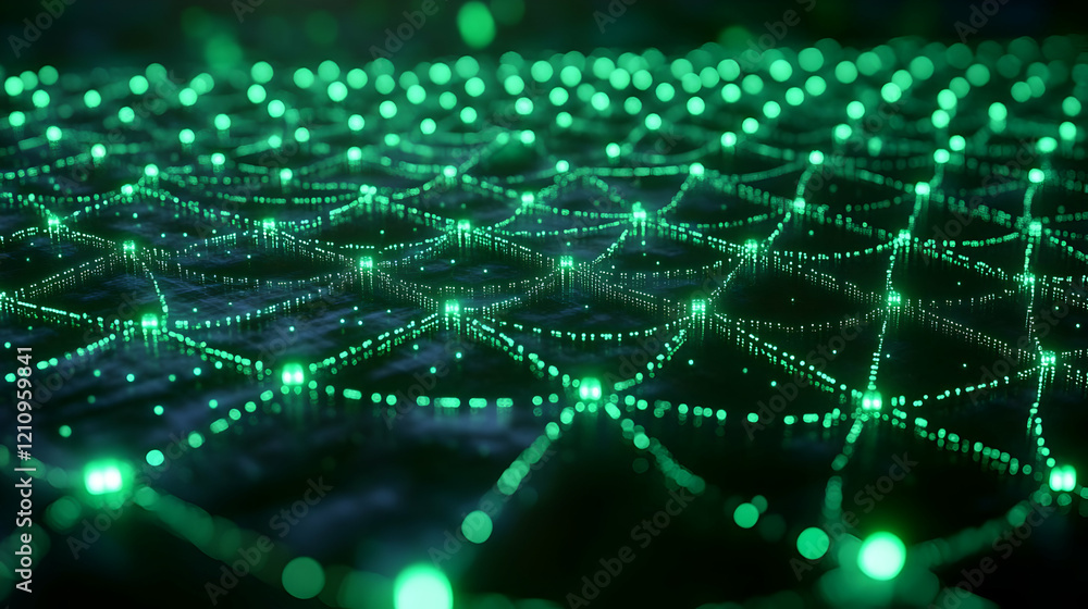 Poster abstract green network background with glowing points and lines