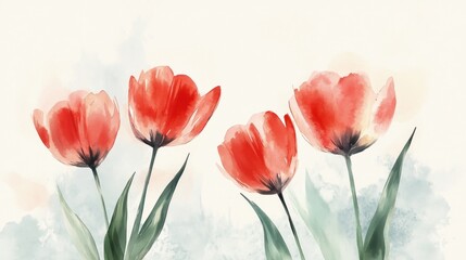 Watercolor Red Tulips Spring Floral Design Background