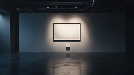 An empty white painting in frame hangs on wall in dark room, spotlight illuminating it, creating cinematic atmosphere