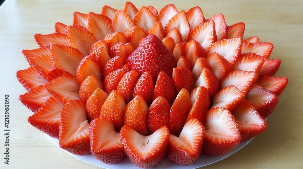 Aufkleber fresh strawberries arranged in a circular pattern on a light wooden surface with ample copy space in