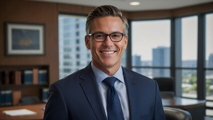 Fototapeta premium Smiling businessman in a modern office, looking directly at the camera. A professional headshot perfect for corporate use.