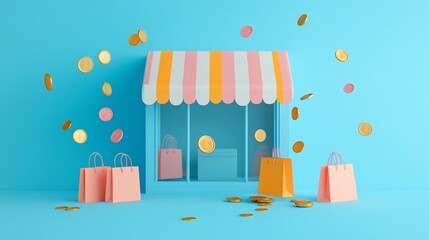 Cute shop with falling coins and shopping bags.