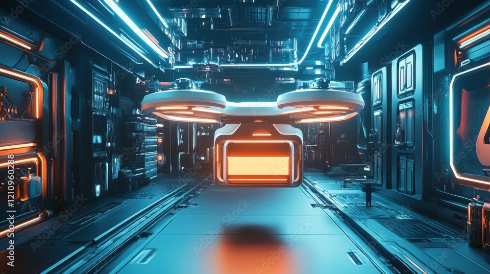 Poster futuristic sci-fi room with hovering device and neon blue and orange lights in high-tech environment
