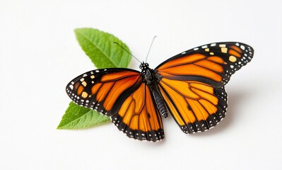 Fototapeta premium Monarch butterfly on green leaves, isolated on white.