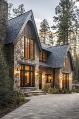 Obraz premium Stunning modern stone house surrounded by tall trees at dusk, featuring large windows that illuminate the facade with warm light