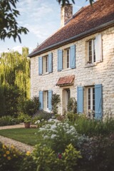 Fototapeta premium Charming countryside house with blue shutters surrounded by lush gardens in a serene rural setting during a sunny afternoon