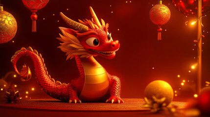 Fototapeta premium A cute, animated dragon with vibrant colors sits in a festive setting, surrounded by lanterns and decorations, exuding a joyful, magical atmosphere.