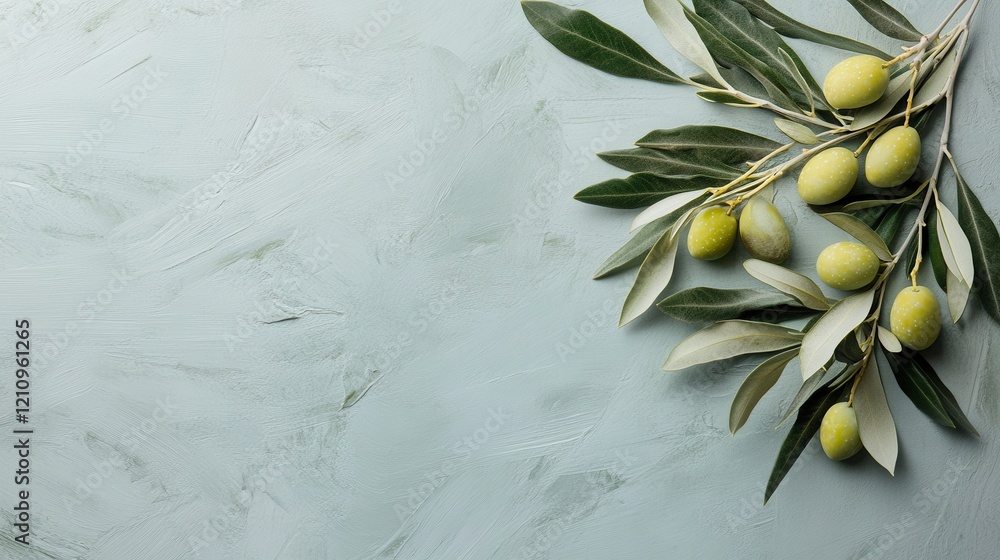 Poster olive branches with leaves and fruits on smooth surface, bright lighting creates clean and minimalis