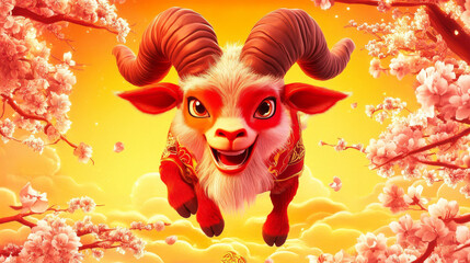 A vibrant cartoon ram leaps joyfully against a warm sunset backdrop adorned with blooming cherry blossoms.