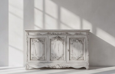 Ornate distressed sideboard with curved legs and floral embellishments, ideal for retro-inspired spaces.

