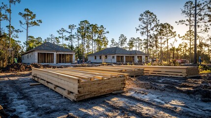 New Home Construction Site, Lumber, Florida, Sunset