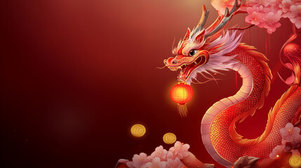 Fototapeta premium A majestic red dragon holds a lantern amidst clouds and golden coins, symbolizing prosperity and strength in a vibrant, mystical atmosphere.