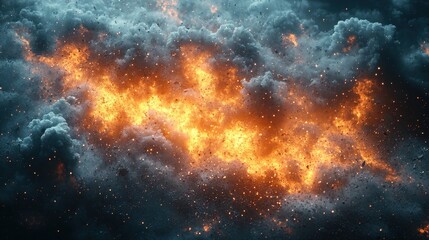 Obraz premium Dramatic eruption of fiery orange flames breaking through dense dark clouds at twilight