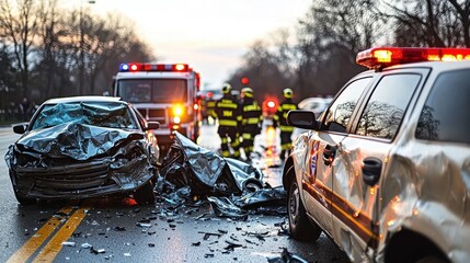 Emergency responders attend multi-vehicle accident on urban street during late afternoon