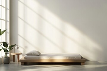 Minimalist bedroom with sunlight, platform bed, plant, and side table.