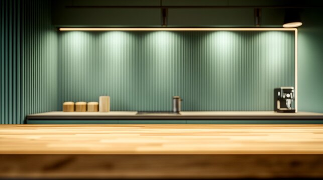 Modern kitchen counter with wooden surface, teal wall, and built-in appliances.