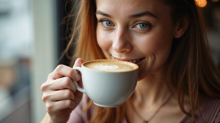 Close-Up of a Woman Enjoying Her Morning Cappuccino or Flat White