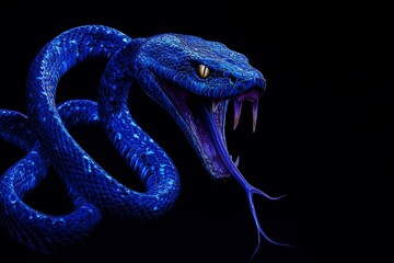Fototapeta premium Striking blue viper with fangs, coiled, black background.