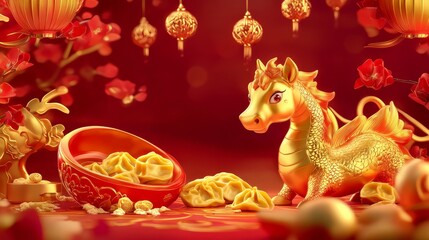 A vibrant scene featuring a golden dragon beside a bowl of dumplings, adorned with red lanterns and flowers, symbolizing prosperity and celebration.