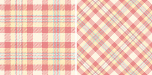 Pastel plaid patterns, perfect for textile design, fashion, or website backgrounds.  Two variations classic and diagonal checks in soft pink, yellow, and blue hues. Versatile and charming.