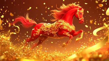 A vibrant red horse adorned in ornate golden decorations gallops through a shower of golden confetti against a warm, glowing background.