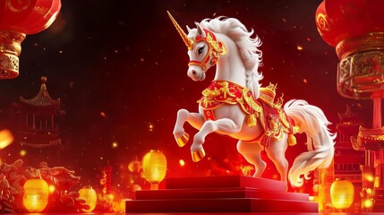 Fototapeta premium A majestic unicorn adorned in red and gold, surrounded by glowing lanterns, symbolizing prosperity and celebration in a vibrant festival setting.
