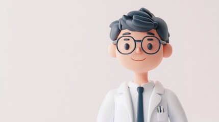 Friendly 3D cartoon doctor in lab coat.
