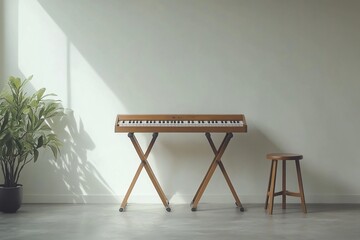 Wooden keyboard with stand and stool in minimalist room.