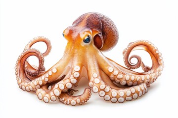 Close-up of an octopus with eight arms and suction cups on a white background.