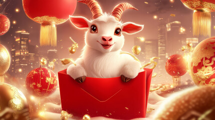A cheerful goat in a red envelope, surrounded by festive lanterns and gold decorations, celebrating a joyful occasion.