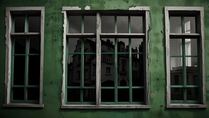 Fototapeta premium composition with green old window and monochrome windows. Generative AI