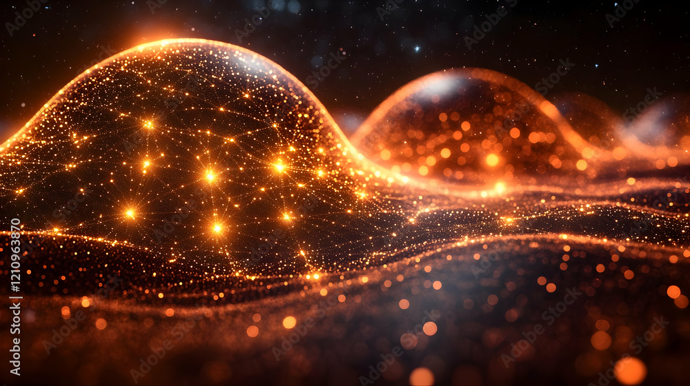 Poster abstract orange glowing particle background. dynamic energy flow with vibrant light and dark contras