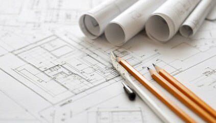 Architectural blueprints, pencils, and ruler.