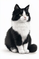 A tuxedo cat sits on a white background.