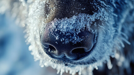 A macro shot of a wolf's nose, glistening with dew, frost-covered fur surrounding it