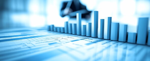 3D bar graph on financial documents showing business growth.