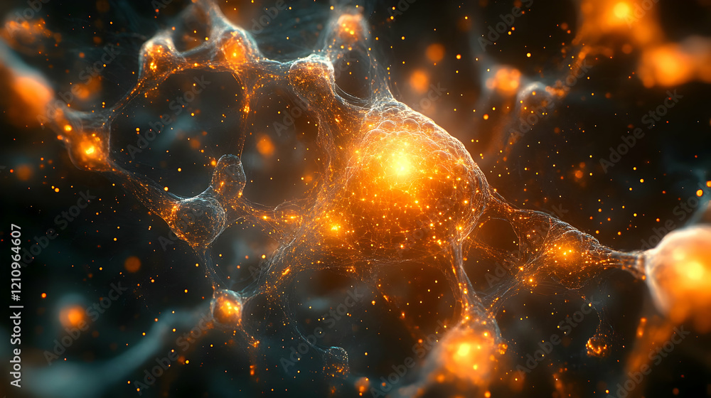 Poster glowing abstract background with illuminated particles and cellular network structure